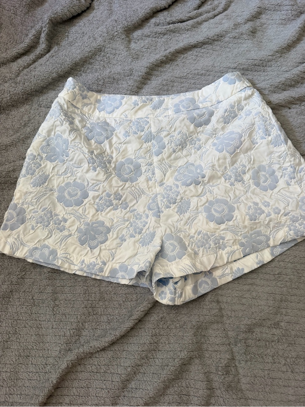 SHEIN White High Waist Shorts with Light Blue Floral Embroidery